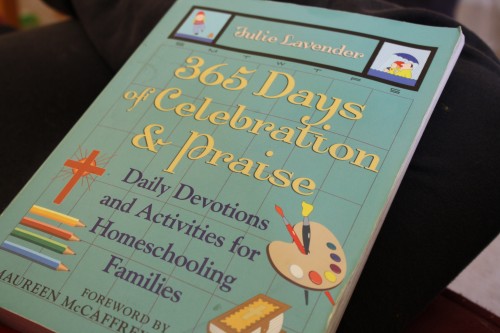 It’s easy. It’s done for you. Those two criteria really appeal to me as a homeschool mother. Julie Lavender has done all the work. Pull out her 365 Days of Celebration and Praise to start the day. It’s appropriate for all ages. A full year of family devotionals.