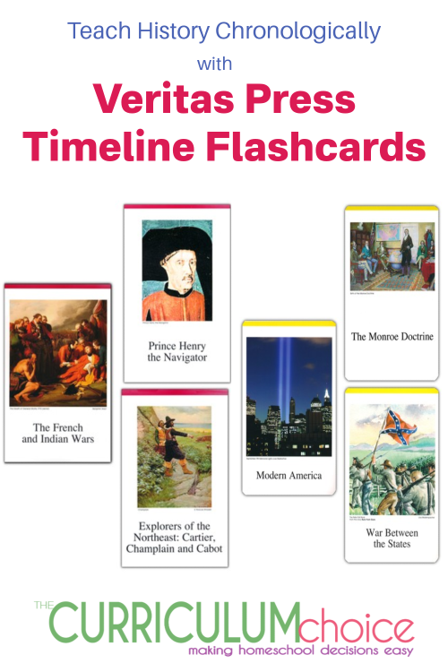 Use Veritas Press Timeline Flashcards to teach history chronologically. Each card has a picture on the front and details/resources on the back.