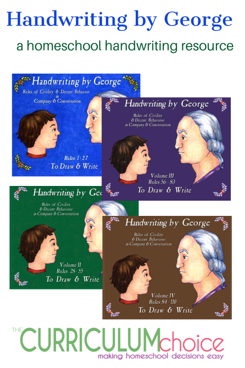 Handwriting by George is a 4 volume handwriting set based on Washington's 110 Rules of Decency and Civility.