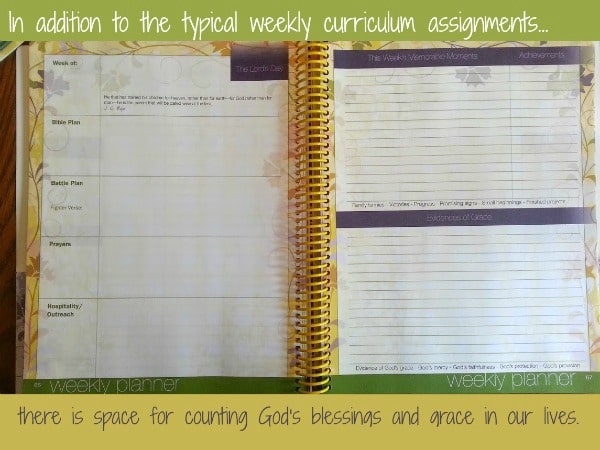 In addition to the typical weekly plans, Apologia's Ultimate Homeschool Planner adds space for counting God's blessings.