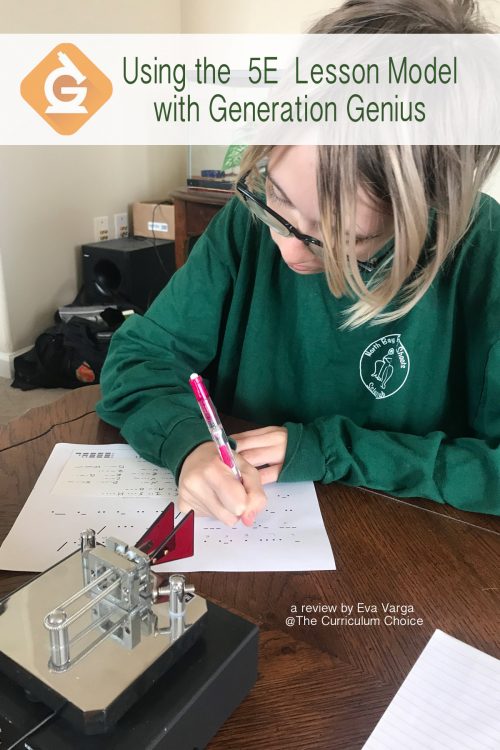 image of a teen transcribing a morse code message with the text overlay Using the 5E Lesson Model with Generation Genius: A review by Eva Varga @The Curriculum Choice