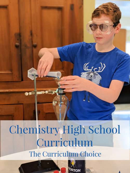 In this post, find chemistry high school curriculum, resources and tips for teaching high school chemistry at home. Chemistry is a necessary course for high schoolers considering college, especially if they are going into STEM fields or competitive schools. Teen boy pouring a solution into a sepatory funnel using a graduated cylinder