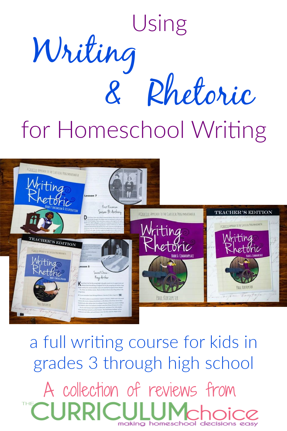 Writing & Rhetoric for Homeschool Writing is a 12 book series that teaches writing and speaking skills in a building block style. For kids in grades 3 - high school. A collection of review from The Curriculum Choice.