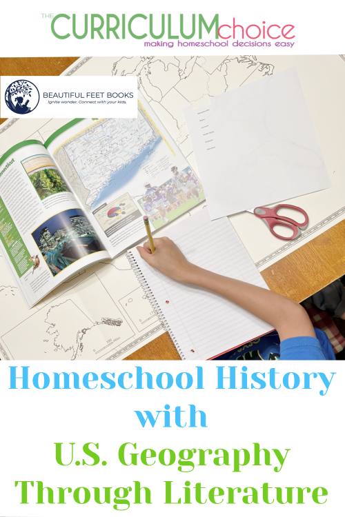 Homeschool History with U.S. Geography Through Literature for grades 4-6 is a complete literature based geography curriculum from Beautiful Feet Books. It includes a Teacher Guide that is flexible and easy to use. Along with a large United States map and tons of books !