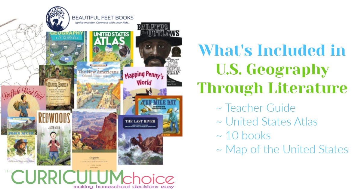 Homeschool History with U.S. Geography Through Literature for grades 4-6 is a complete literature based geography curriculum from Beautiful Feet Books. It includes a Teacher Guide that is flexible and easy to use. Along with a large United States map and tons of books !