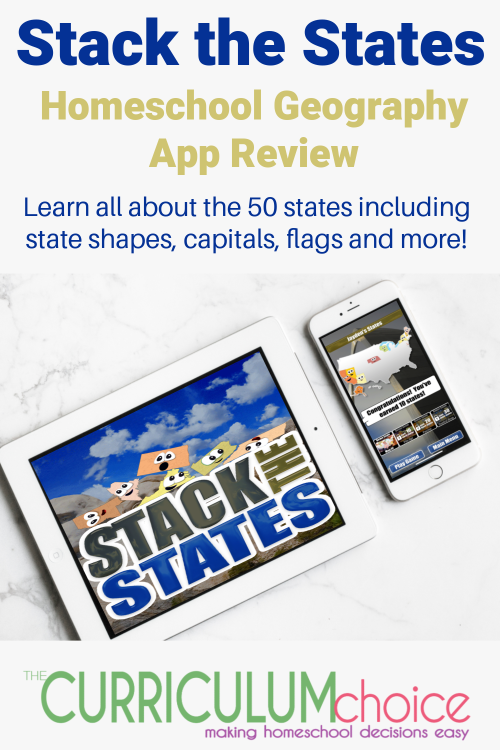 The Stack the States Homeschool Geography App is a fun way to learn all about the 50 States, their shapes, flags, capitals and more!